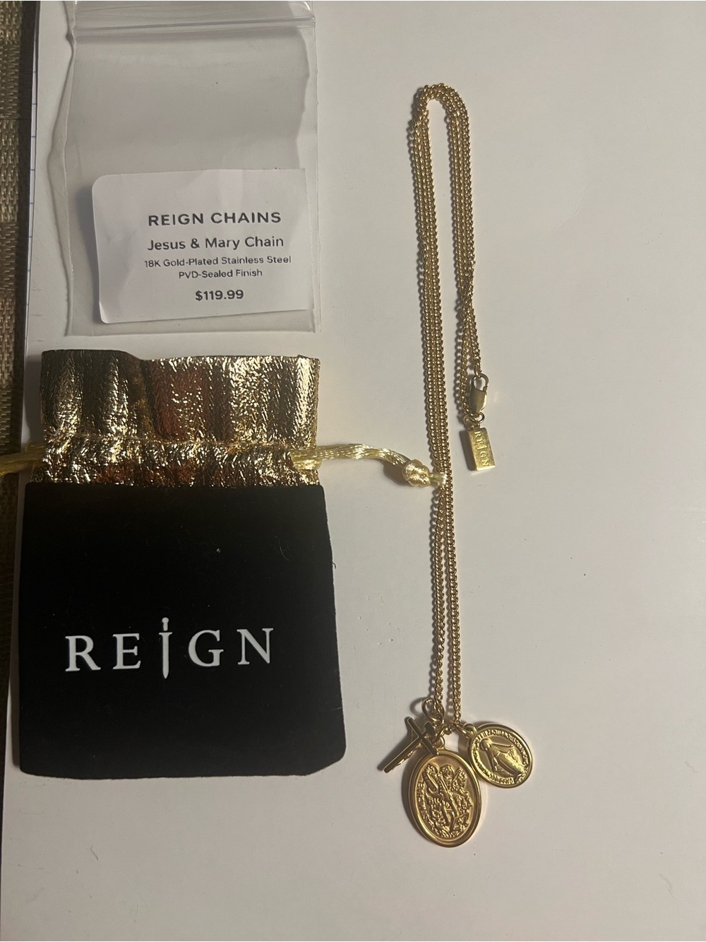 REIGN Gold Double Medallion Necklace with Jesus & Mary Charms